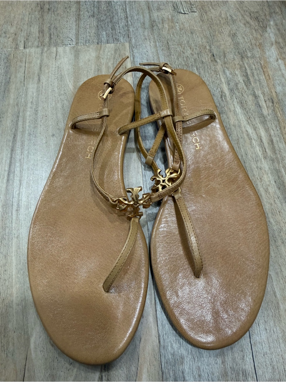 Tory Burch Cognac Leather T-Strap Sandals with Logo Hardware